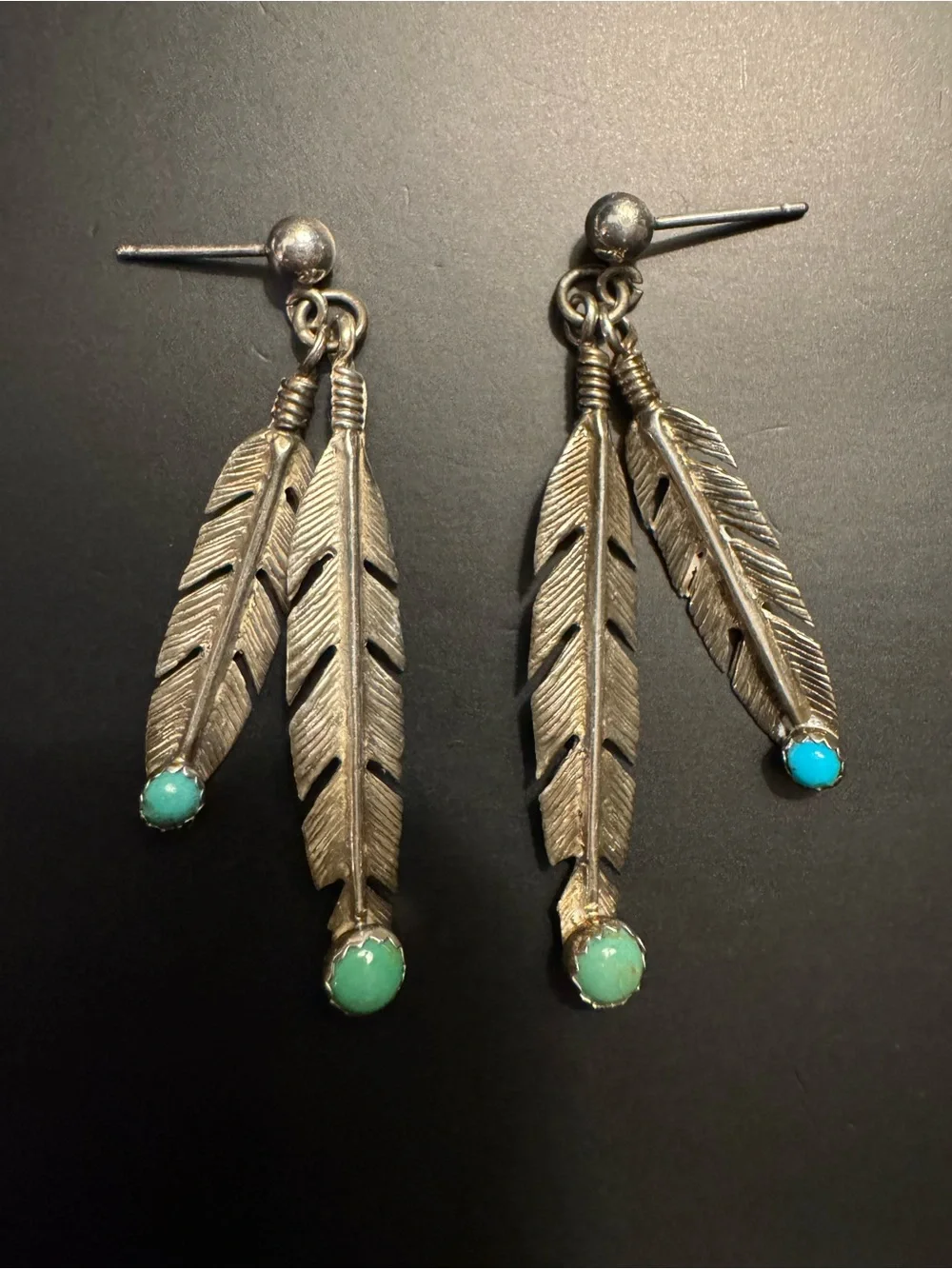 Sterling Silver Turquoise Double Feather Dangle Earrings - 1.75”